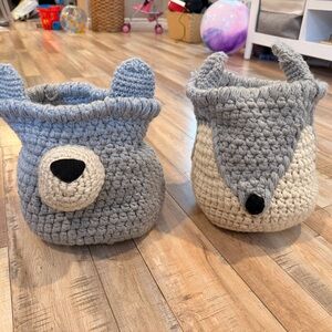 Handmade Crochet Animal Storage Baskets - Gray & Cream